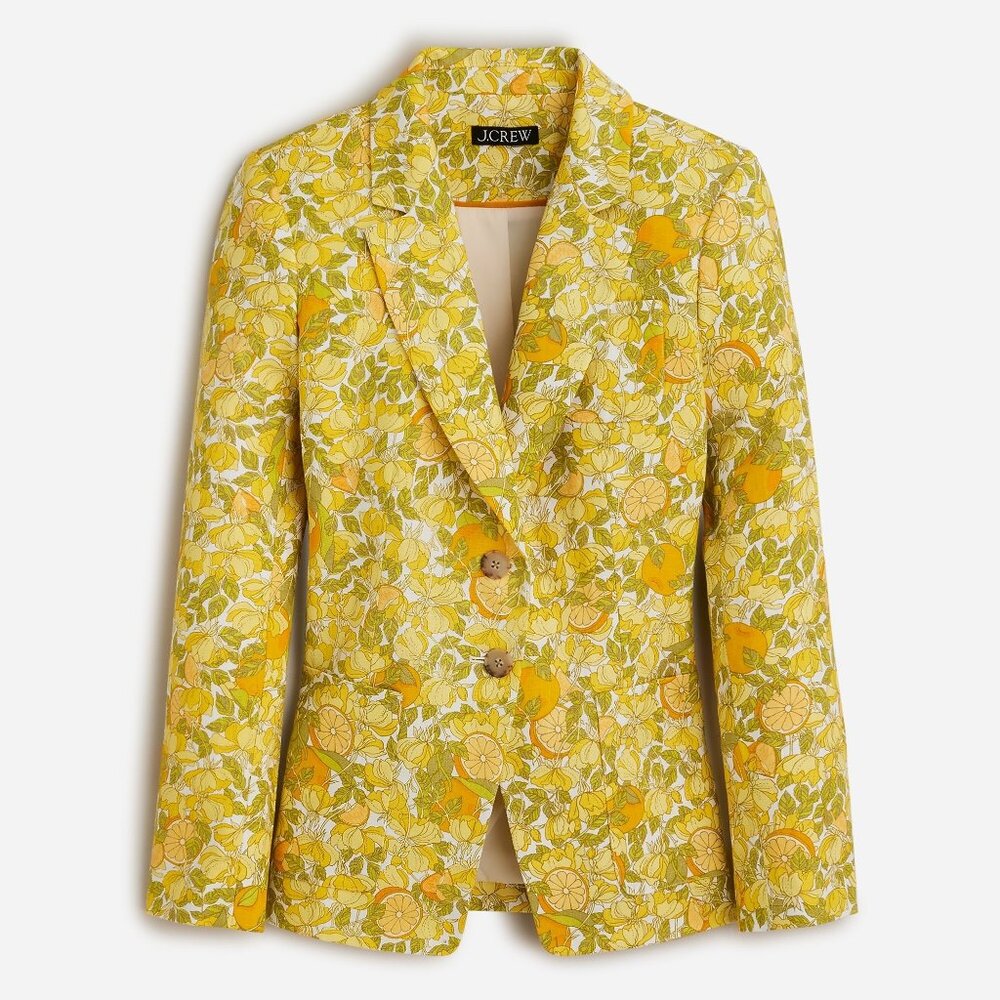 NWOT J. Crew Helena Linen Blazer in Limone Print Size 0 Lemon Citrus FIRM